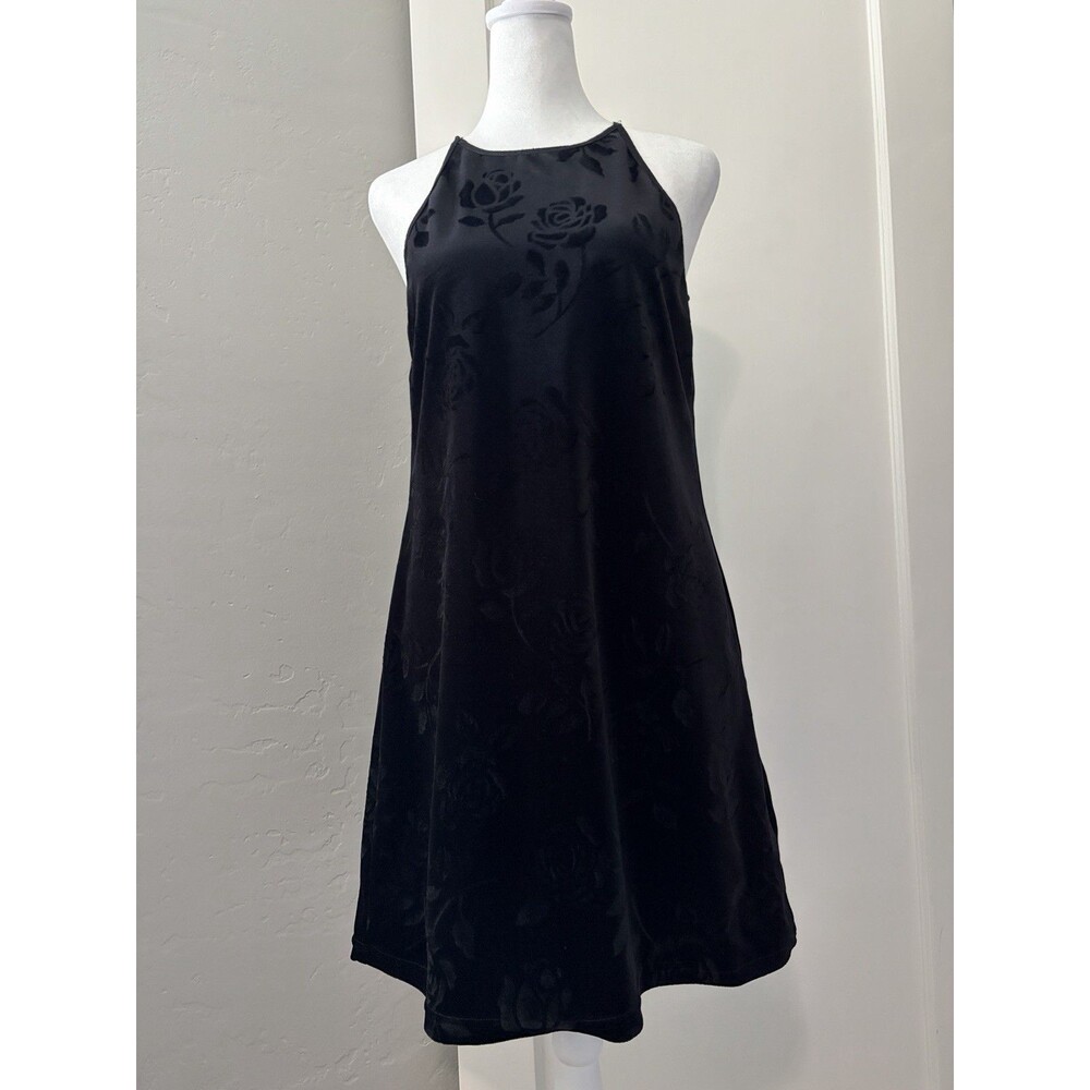 VTG 90s All That Jazz Black Rose Burnout Velvet Halter Mini Dress XS S Goth